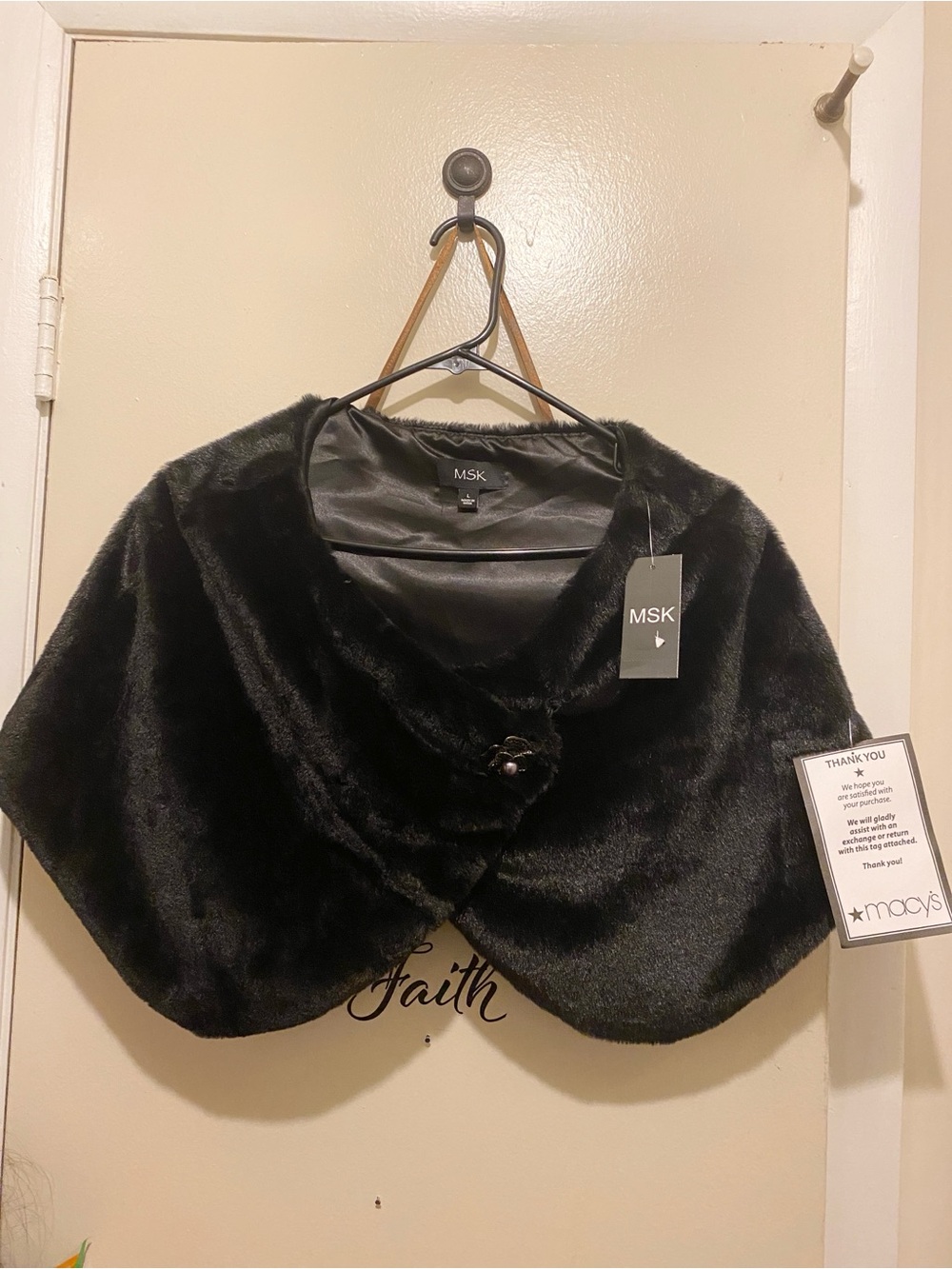 MSK Black Faux Fur Capelet Shrug with Decorative Button
